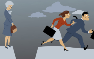 senior woman standing on the edge of the gap, separated her from competing younger employees