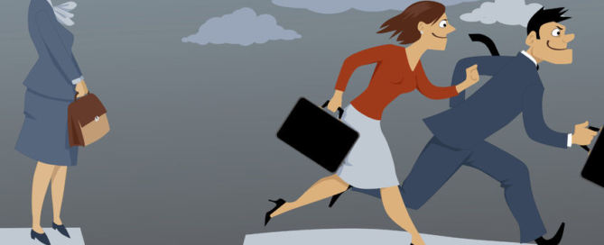 senior woman standing on the edge of the gap, separated her from competing younger employees