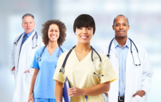 group of hospital doctors over health care clinic background.